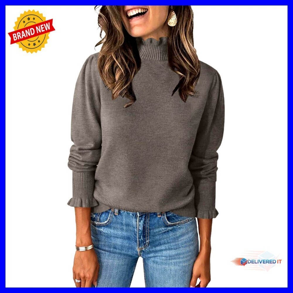 Ruffle Mock Neck Pullover Sweater Long Sleeve Knit Top Loose Fit